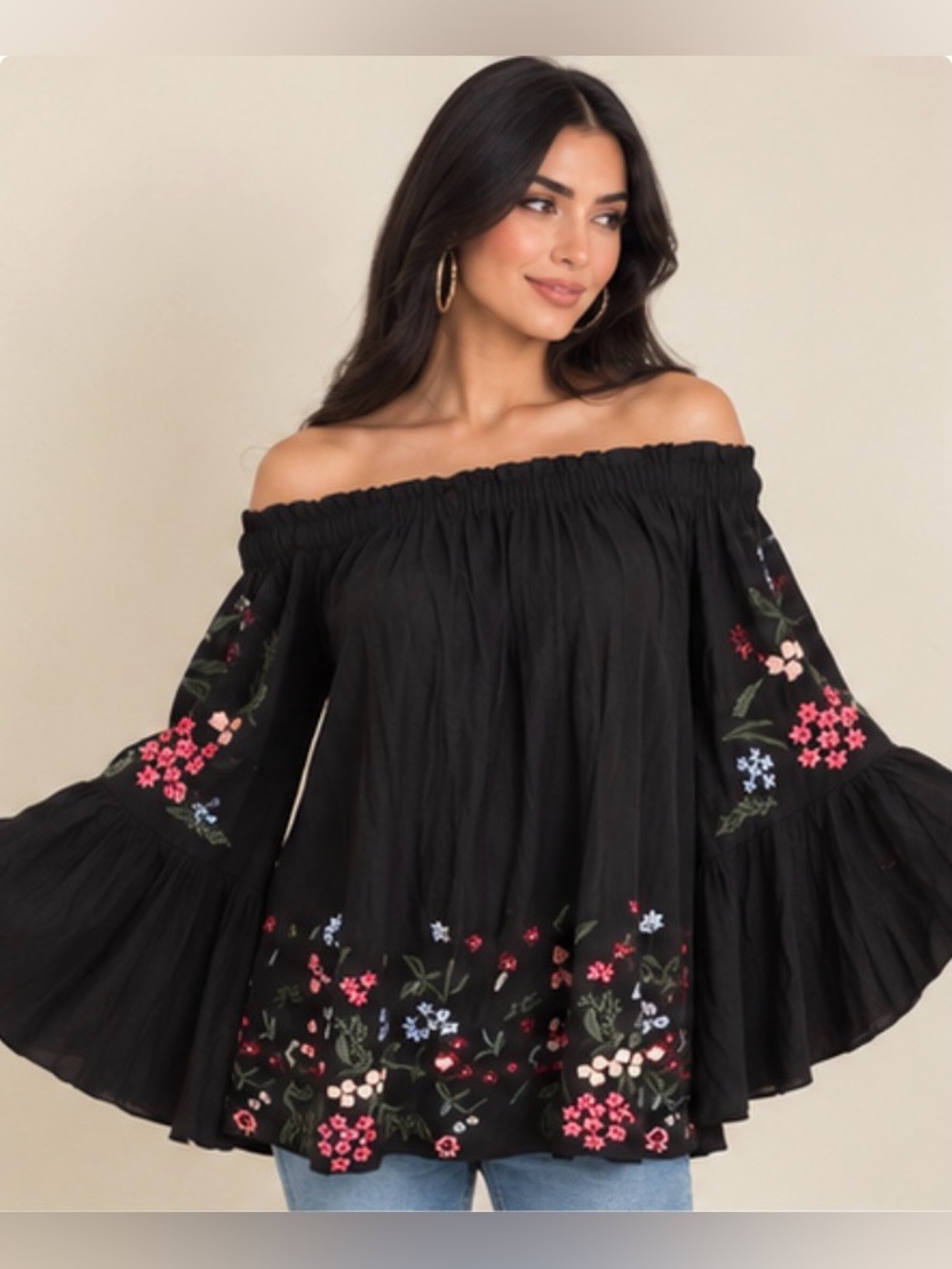 Umgee Black Off-Shoulder Bell Sleeve Tunic with Multicolor Floral Embroidery